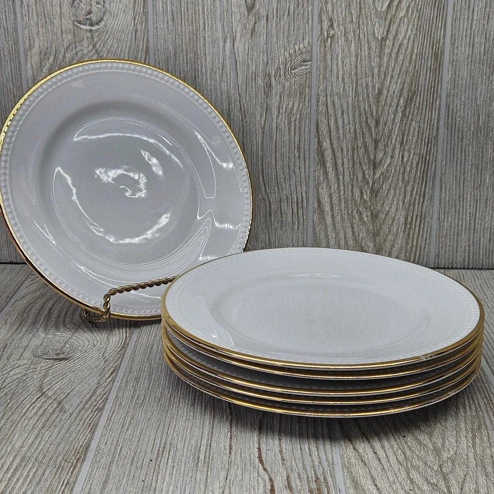 Pier 1 Gold Line Salad Plates Set of 6 White Ceramic Beaded Rim Gold Edge 7.75in